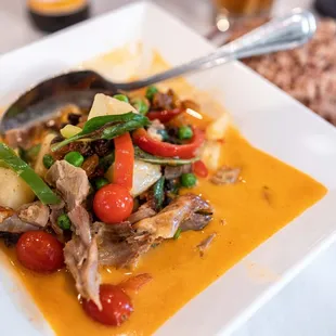 #105: Gaeng Phed Ped Yang Roasted Duck Curry ($21)