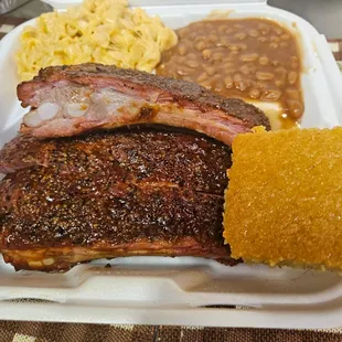 ribs, beans, macaroni and cheese