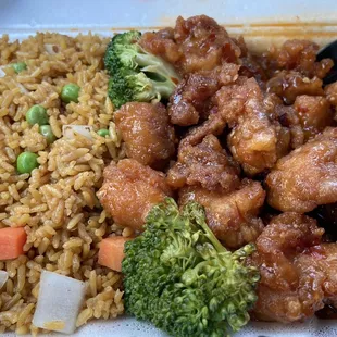 chicken, rice, and broccoli