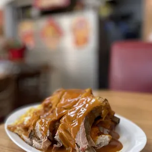 Roast Pork with "Orange" Gravy over Rice and Corn