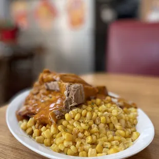Roast Pork with "Orange" Gravy over Rice and Corn