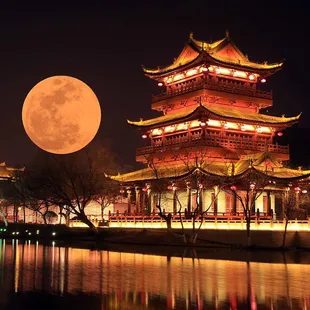 a full moon rising over a pagoda
