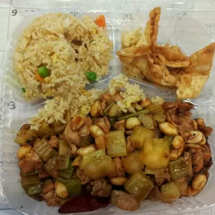 Disgusting and NOT hot kung bao chicken. Lunch special comes with flavorless fried rice and inedible crab rangoon