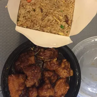 Takeout General Tsos Chicken and BBQ pork fried rice !! Huge servings and delicious