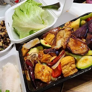 Kung pao eggplant and fried tofu.