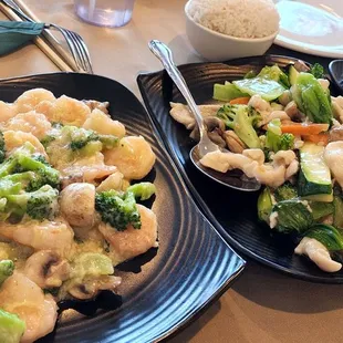 Shrimp and lobster sauce, chicken with mixed vegetables, egg plant in garlic sauce.