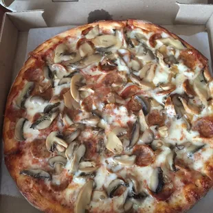 Sausage and mushroom 12 inch pizza- pretty good and worth delivery