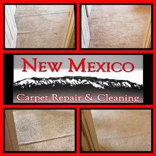 Before and after photos of a re-stretch by New Mexico Carpet Repair and Cleaning.