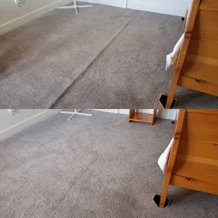 Before and after of a Carpet re-stretch.