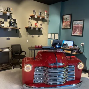 a red truck in a coffee shop