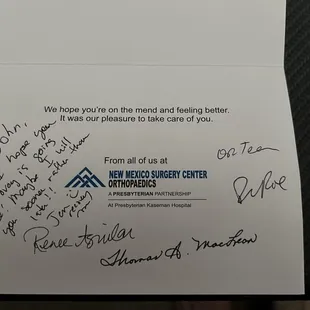 Get well card from the Surgeon, Anesthetist and Nurses involved in my care.