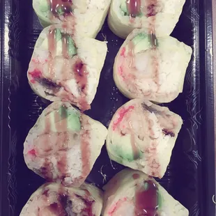 Mizu roll with shrimp temp, eel, avo, tobiko, and snow crab. A lot of stuff.