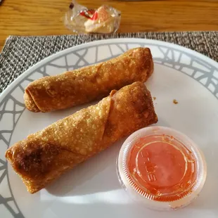 Chicken Egg Rolls from New Moon $1.65. Delicious and Filled but Dipping Sauce was too watery.  Thursday 8/24/2023