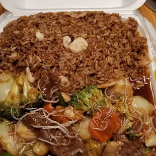 Triple delight = Chicken, beef, shrimp with vegetables in brown sauce and fried rice $10.59