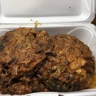 Large carryout portion of Vegetable Egg Foo Young