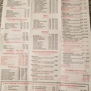 Regular menu with all prices
