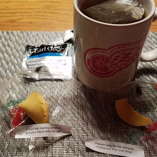 Dessert = Karen&apos;s Earl Grey tea + fortune cookies! Crunchy good flavor with 2 hopeful fortunes ! Zoom in