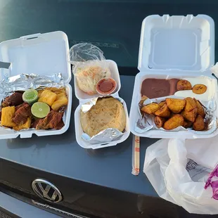 Yucca con chiccaron, pupusa abuelta (with cabbage slaw and tomato sauce), platano con  crema y frijol. So fresh and delicious!!!