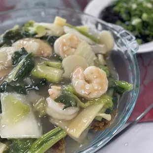 shrimp with vegetables over Cake noodle