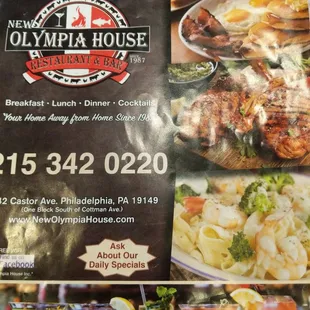 the menu for the new olympia house