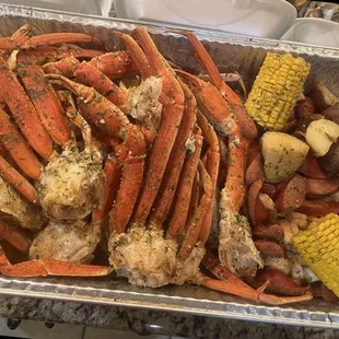 Large Seafood Boil, Snow Crab legs, Shrimp, Black Mussels, Corn and Sausage