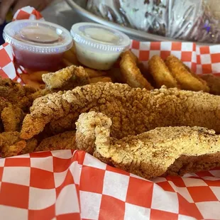 F2 Combo Shrimp, fish, and hush puppies with choice of fries or onion rings