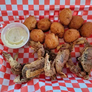 Fried soft shell crab and hush puppies