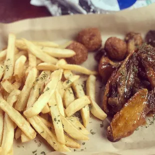 Honey Garlic Wings, Fries and Hush Puppies