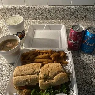 Shrimp Po Boy w/ fries, cup of gumbo, lemonade and 2 Chek drinks.