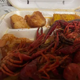 Crawfish and shrimp and potato and corn