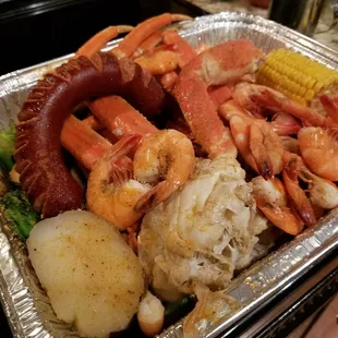 $44 combo - pound of shrimp, 3 crab clusters, two broccoli, one sausage, one corn, one potato