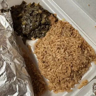 Collard greens and Cajun rice