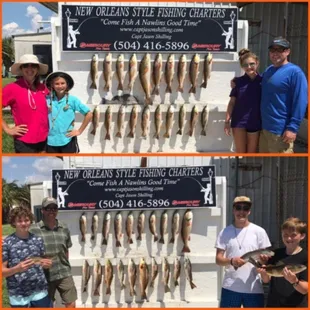 Two great families out fishing in New Orleans with us today. Both crews coming back to the dock with boxes full of red fish...