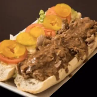 Sloppy Hot Homemade Roast Beef Po Boy & Fries