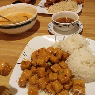 Sesame tofu, Tom yum soup, and Sesame chicken!