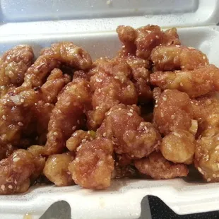 Not sure where Jim M got his well eaten sesame chicken, but mine is plump and not overly sauced or bready. Generous, too.