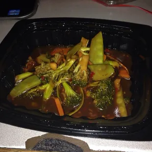 Just a bunch of vegetables.. Like two scallops in the whole thing