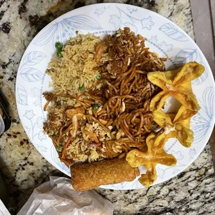 Shrimp Lo Mein with pork fried rice and egg roll and crab Rangoons