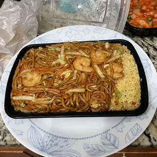 Shrimp Lo Mein with pork fried rice