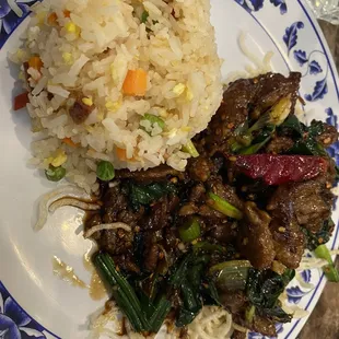 Mongolian beef with fried rice.