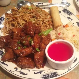 General tso chicken, chicken chow mein, fried rice, and an egg roll. SO good!