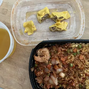 Won ton meat was rancid.Frozen freezer burned shriveled peas and carrots.Was not edible spicy shrimp/fresh vegetables.