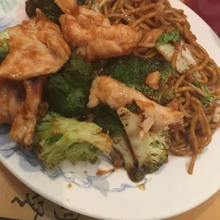 Chicken and broccoli with chicken lo mein