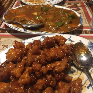 Curry Beef and sesame chicken