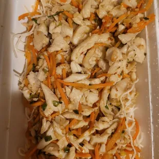 Grilled chicken and carrots(with noodles underneath) for chicken wraps