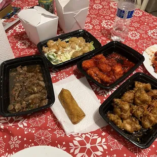 YenKing Chicken (red), Peking beef, and chicken as well creamy shrimp.