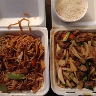 Mongolian Lamb, Vegetable Chow Mein and White Rice