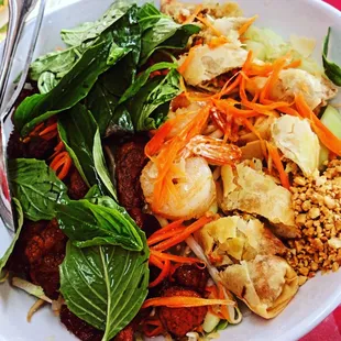 Bun vermicelli combo! Grilled pork, grilled shrimp and eggs rolls! A fresh a delicious dish!!!