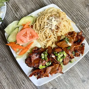 Garlic Noodles with Grilled Pork.