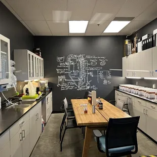 a kitchen with a chalkboard wall